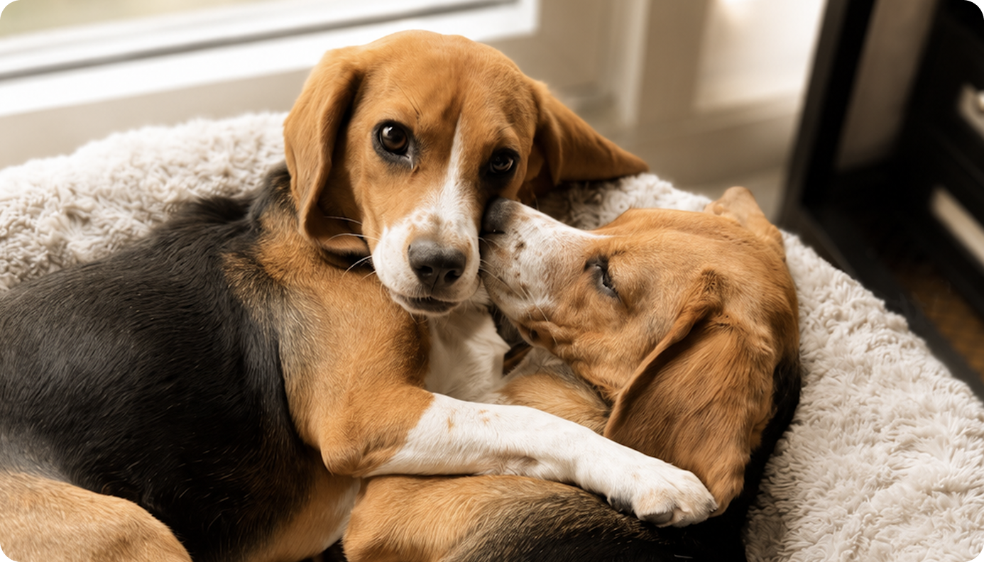 Alfie and Bailey, two beagles, curled up together